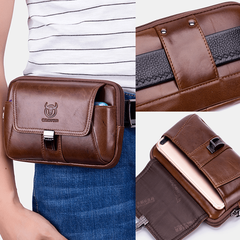Bullcaptain Men Vintage Genuine Leather Waist Bag Belt Bag - MRSLM
