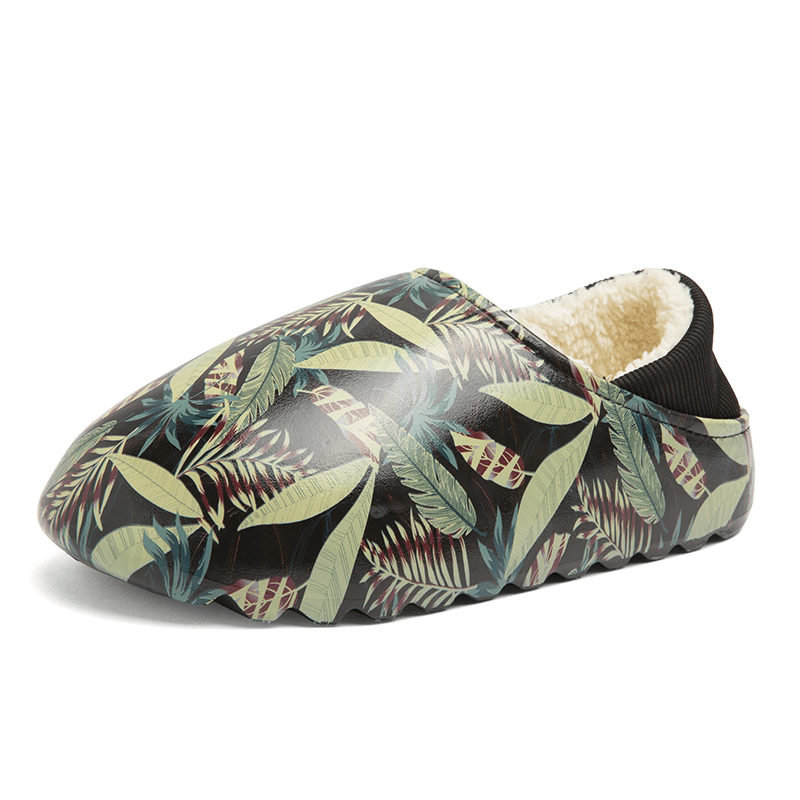 Men Warm Lining Slip-On Leaf Printing Fashion Home Winter Slippers - MRSLM