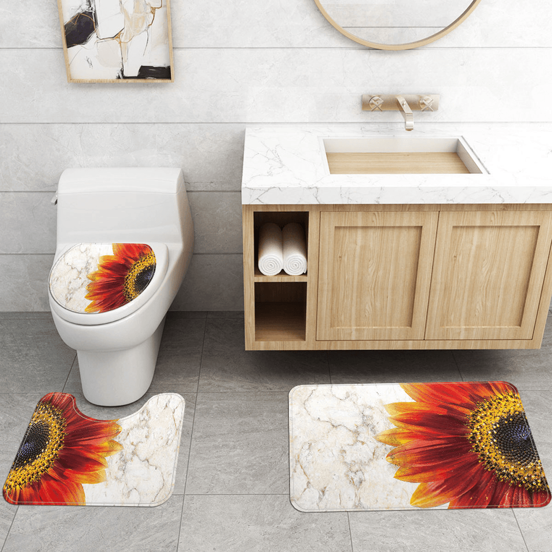 Waterproof Bathroom Shower Curtain Pedestal Rug Lid Toilet Cover Mat Bath Mat Set for Home Decoration - MRSLM