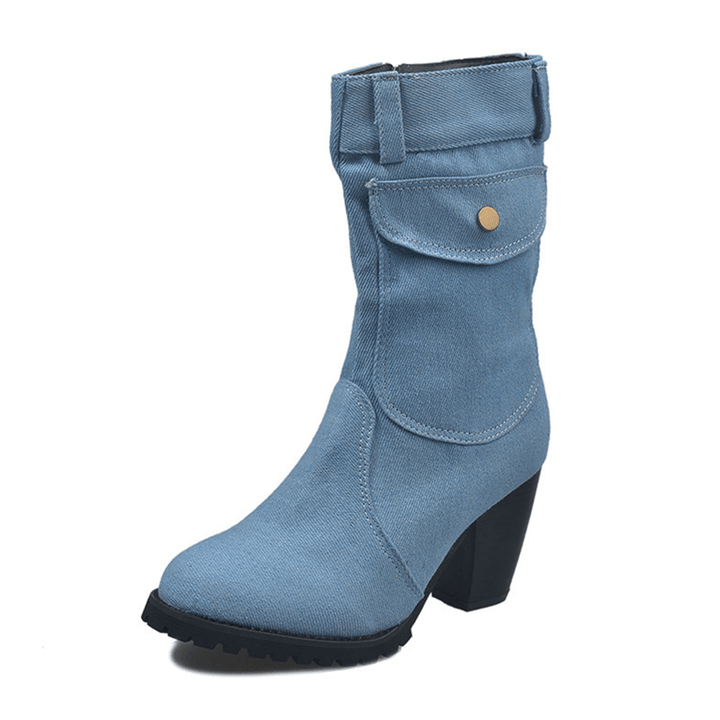 Women Retro Denim Cloth Side Zip Bag Decor Chunky Heel Mid Calf Boots - MRSLM