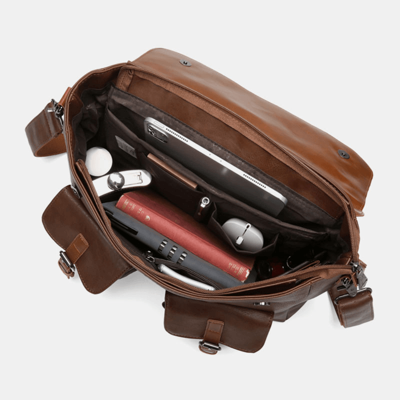 Men Vintage Multifunction Double Front Pocket Teacher Bag Briefcase 14 Inch Laptop Bag Crossbody Shoulder Bag - MRSLM