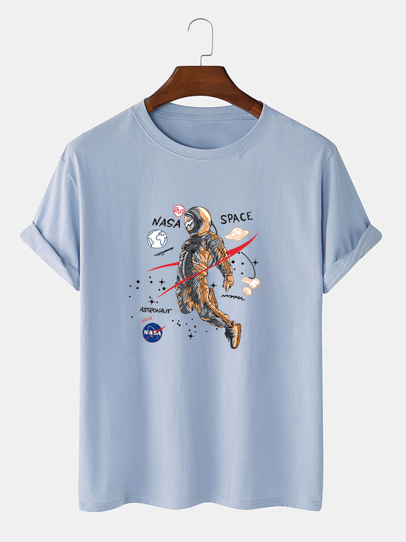 Cartoon Astronaut Print 100% Cotton Casual Short Sleeve T-Shirts - MRSLM