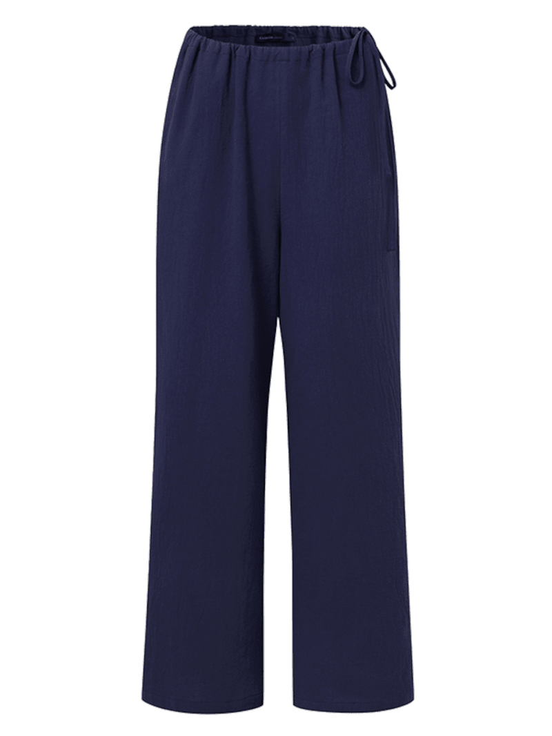Solid Color Elastic Drawstring Waist Pocket Cotton Casual Pants for Women - MRSLM