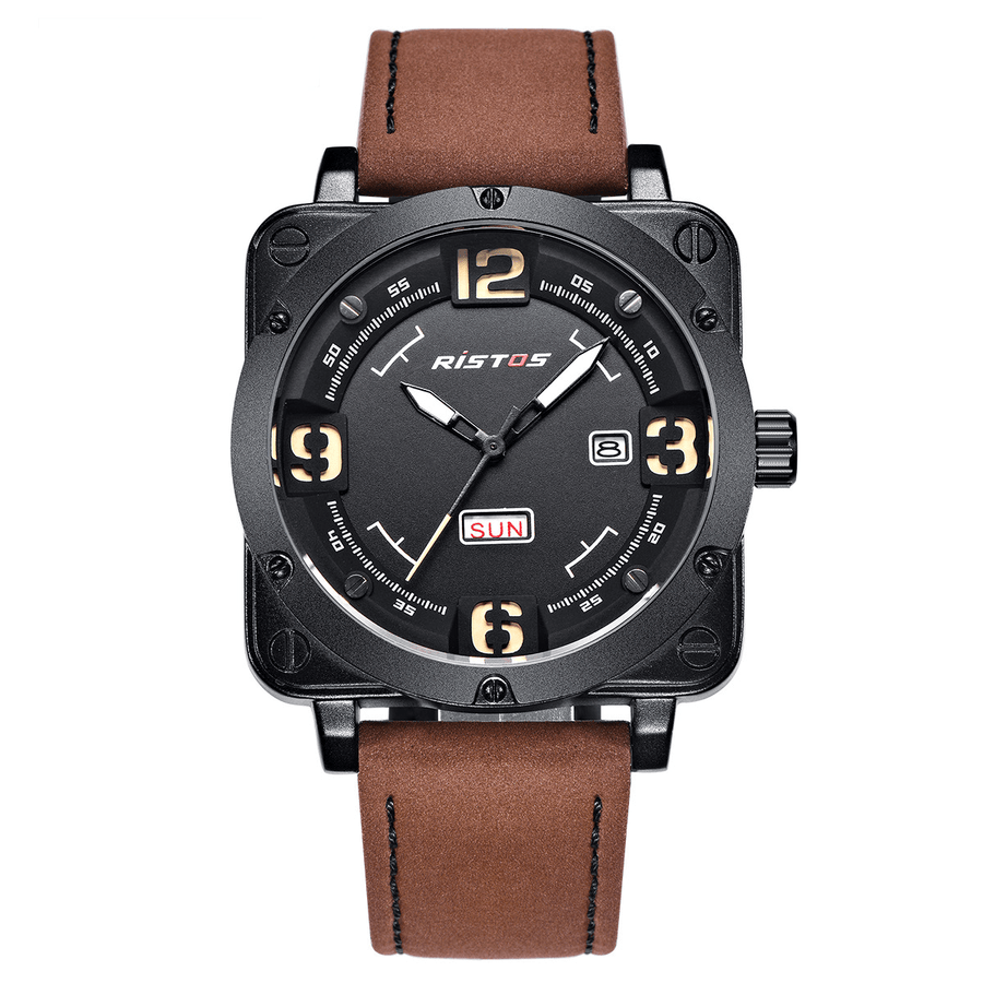 RISTOS 9320 Business Casual Leather Strap Date Week Luminous Time Display Men Wrist Watch Quartz Watches - MRSLM