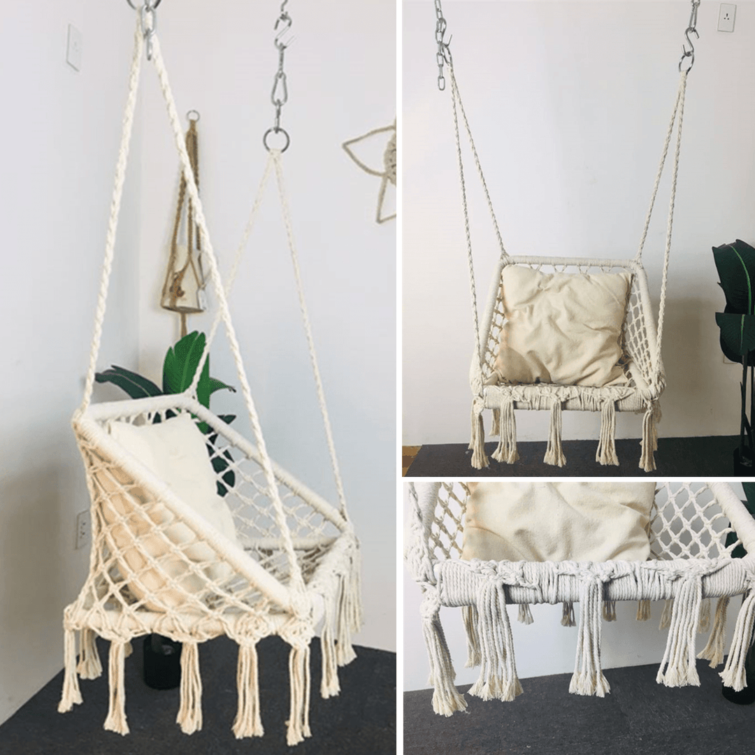 Macrame Hammock Chair Hanging Cotton Seat Rope Hammock Tassel Swing Bed Porch - MRSLM