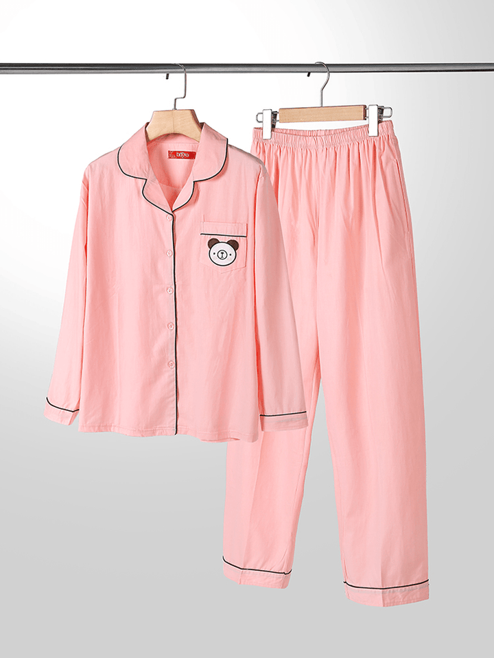 Plus Size Women 100% Cotton Cartoon Applique Lapel Long Pajamas Sets with Contrast Binding - MRSLM