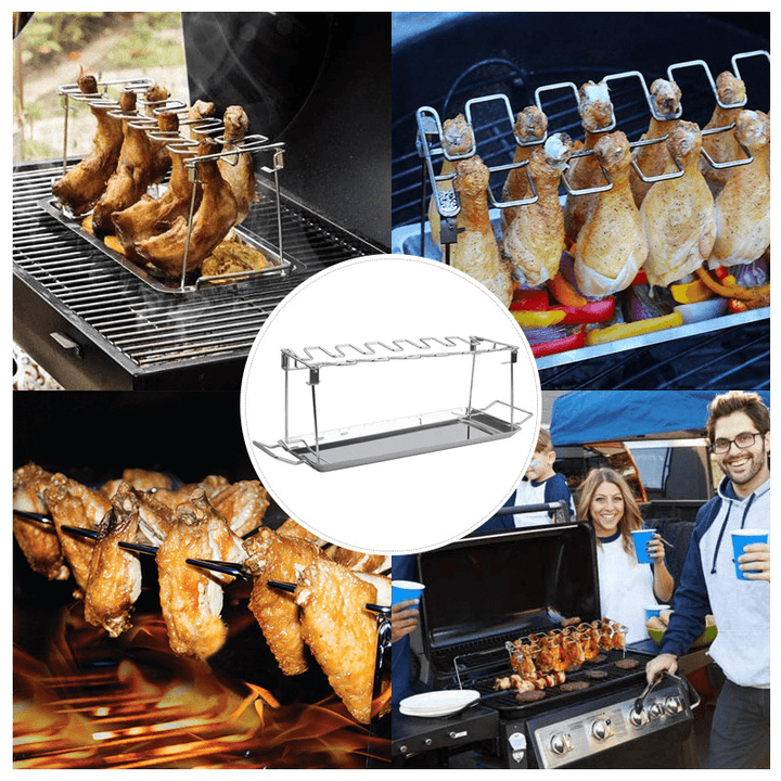 BBQ Grill Rack Beef Chicken Leg Wing Smoker Oven Roaster Stand 14 Slots Stainless Steel Barbecue Drumsticks Holder with Drip Pan Camping Picnic - MRSLM