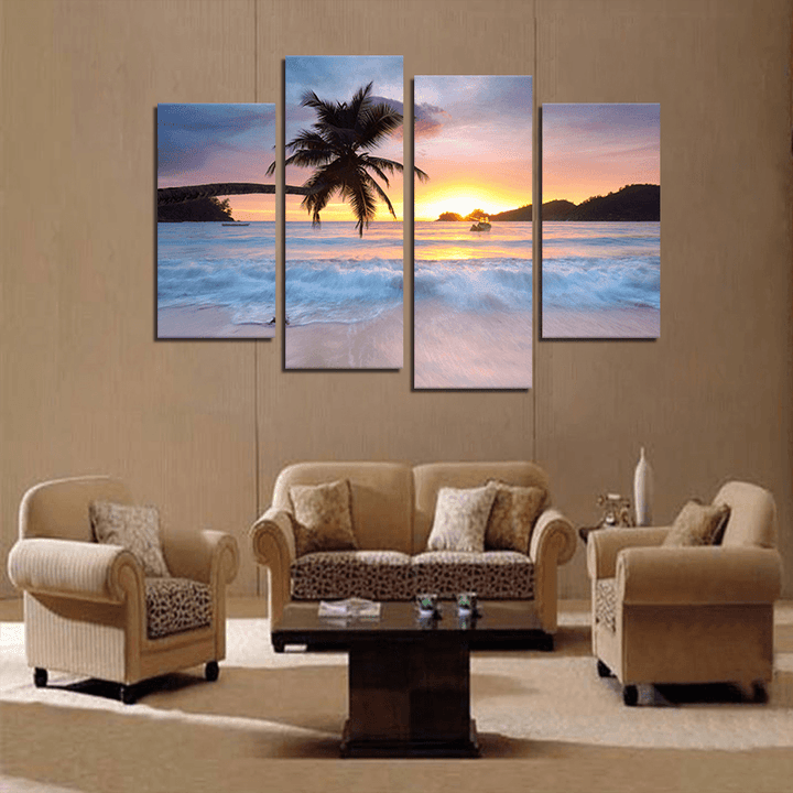 Miico Hand Painted Four Combination Decorative Paintings Seaside Coconut Tree Wall Art for Home Decoration - MRSLM