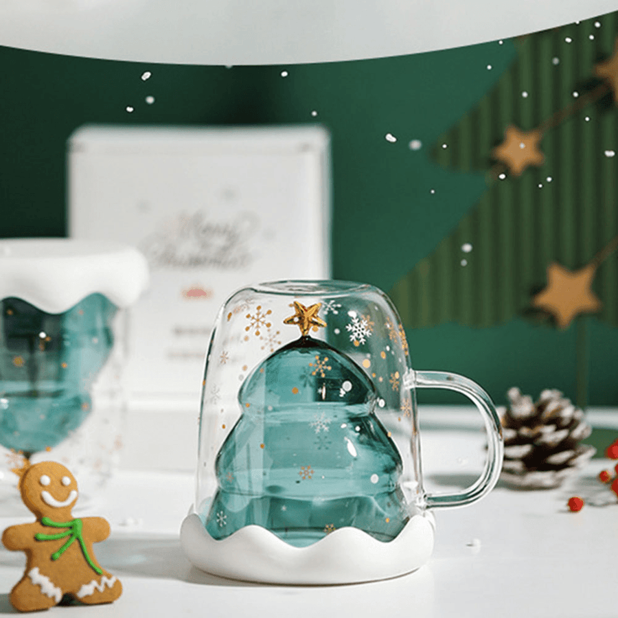 XH-121 300ML Innovative Christmas Tree Mark Cup Double-Layer Borosilicate Glass Transparent Coffee Cup for Family Parties and Bars Christmas Gift - MRSLM