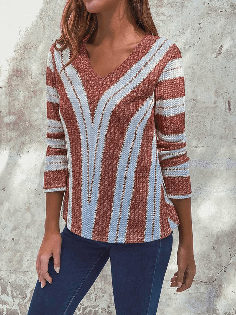Stripe V-Neck Long Sleeve Casual Knit Sweaters Blouse for Women - MRSLM