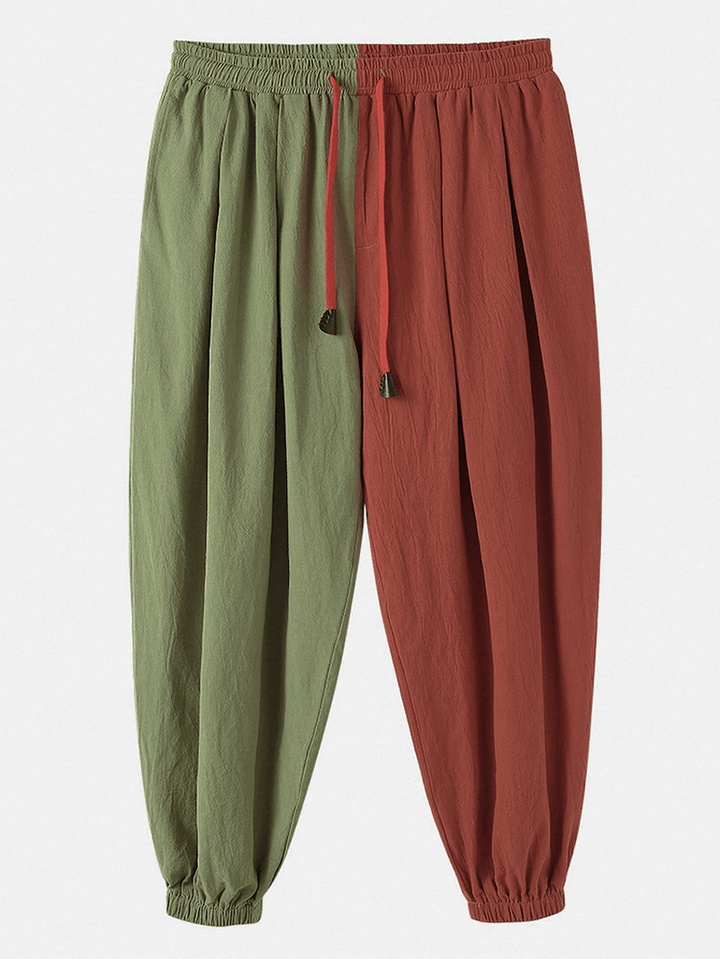 Mens Vintage 100% Cotton Patchwork Color Block Drawstring Casual Pants - MRSLM