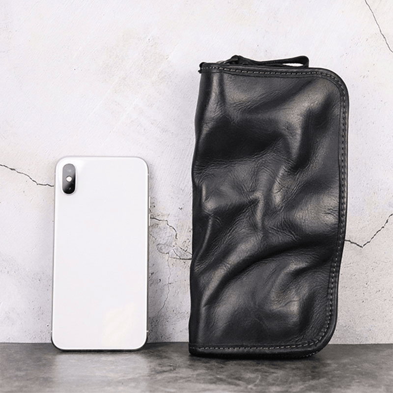 Men Genuine Leather Made-Old Fold Mark Large Capacity 5.5 Inch Phone Bag Clutch Wallet - MRSLM