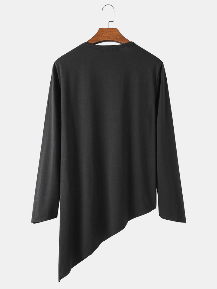 Mens Solid Color round Neck Long Sleeve Asymmetrical Hem Simple T-Shirts - MRSLM