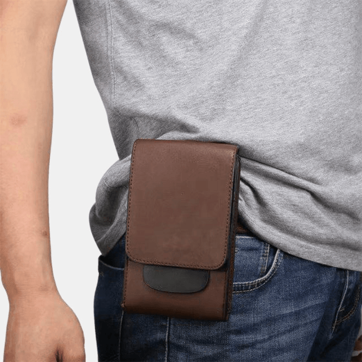 Men PU Leather Multifunction Vertical Waist Bag Vintage Light Weight Solid Phone Bag Belt Bag - MRSLM