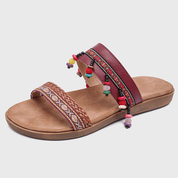 LOSTISY Women Bohemian Folkways Stitching Non Slip Flower Pattern Open Toe Summer Beach Flat Sandals - MRSLM