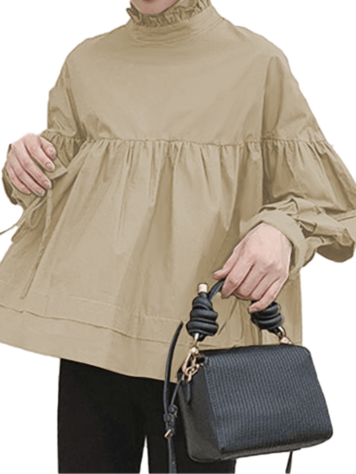 Women Vintage Solid Color Cotton Back Lace-Up Ruffle Collar Peasant Blouse - MRSLM