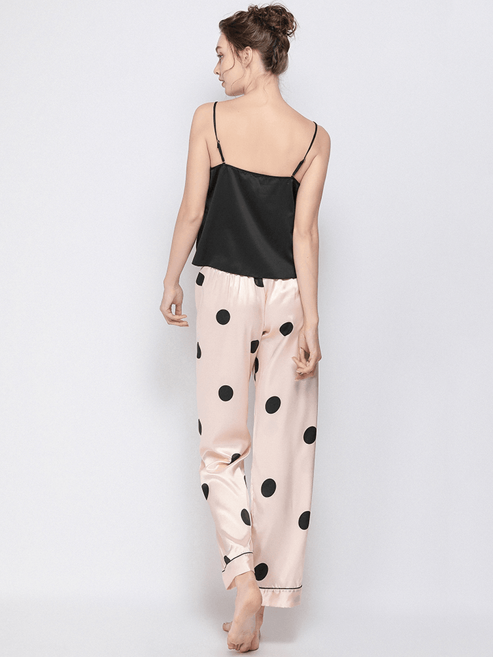 Polka Dot Spaghetti Straps Lace-Trim Backless Lungewear Casual Pajama Set - MRSLM