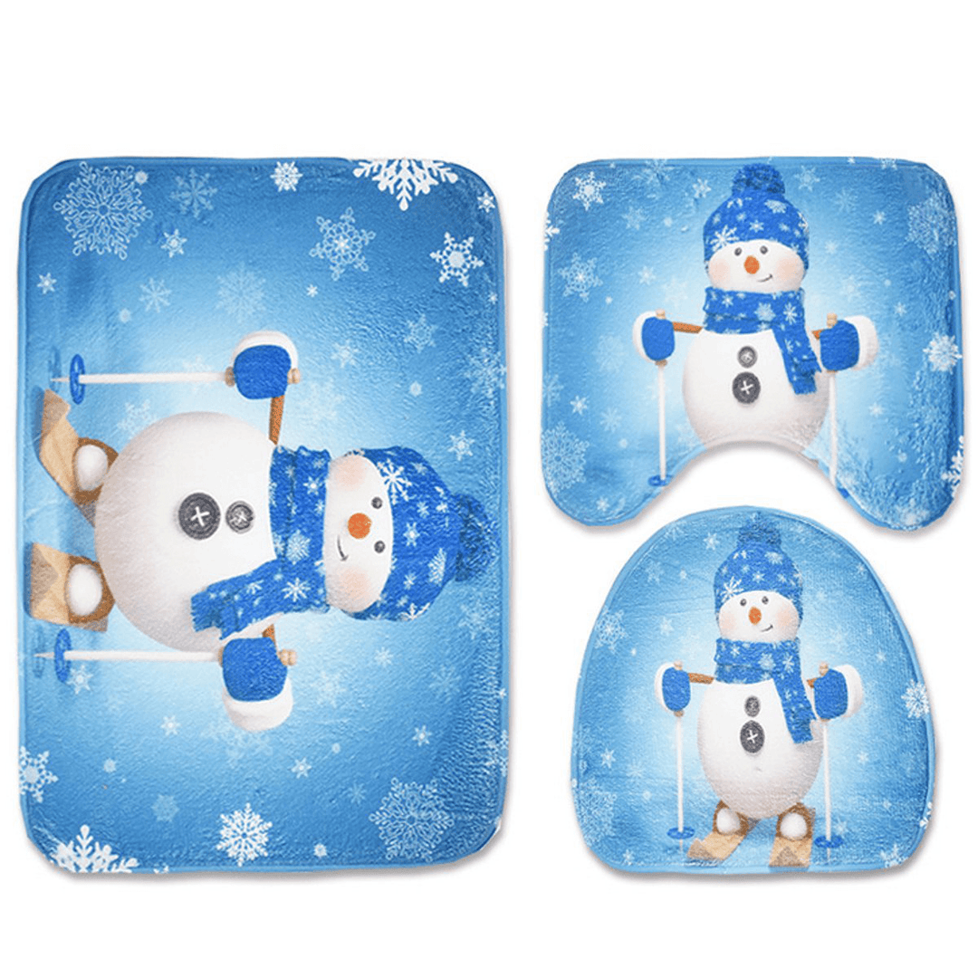 3Pcs Set Christmas Snowman Toilet Seat Covers Bathroom Carpet No-Slip Rug Xmas Decor - MRSLM