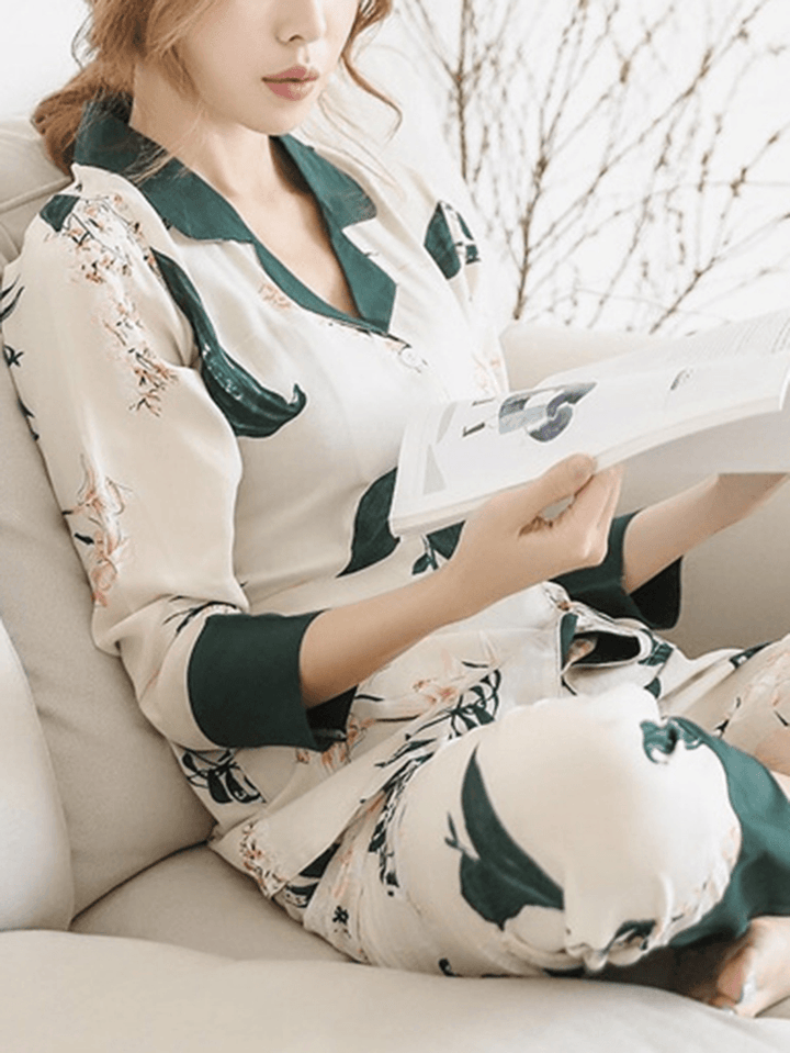 Women Floral Print Revere Collar Long Sleeve Button up Shirt Loose Pants Home Casual Pajama Set - MRSLM