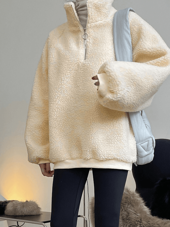 Women Fleece Casual Loose Solid Zipper Stand Collar Long Sleeve Pullover Sweatshirt - MRSLM