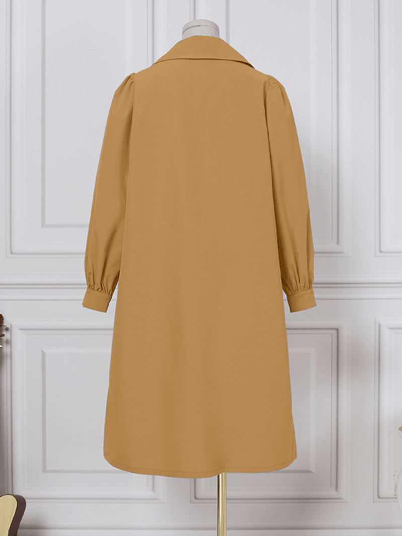 Women Puff Sleeve Solid Color Side Pockets Lapel Collar Full Sleeve Calf Length Cardigan - MRSLM