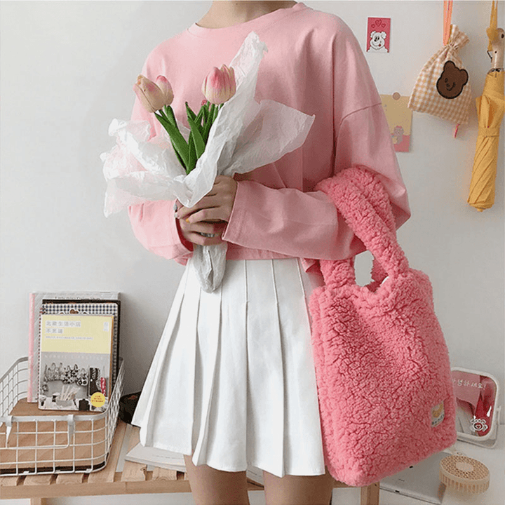 Women Lamb Wool Soft Small Easy Carry Casual Solid Color Handbag - MRSLM
