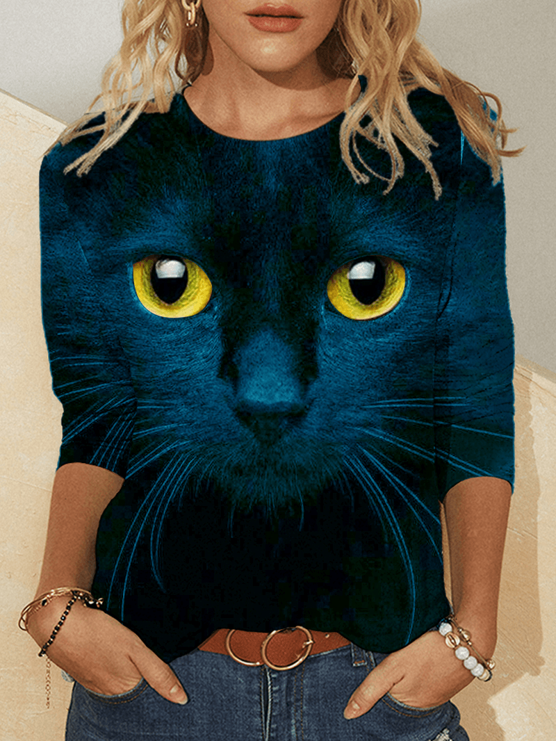 Women 3D Cat Print Long Sleeve Design T-Shirts - MRSLM