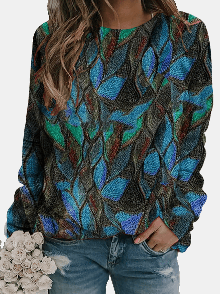 Women Vintage Colorful Leaves Printed round Neck Long Sleeve Casual Sweatshirt - MRSLM