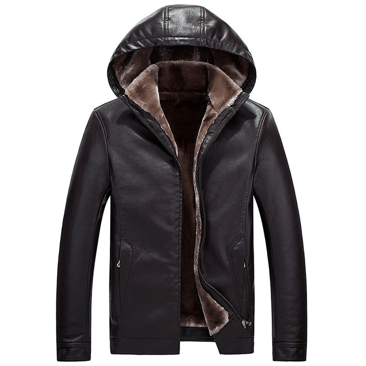 Mens Fashion PU Zipper Windproof Hooded Warm Jacket - MRSLM