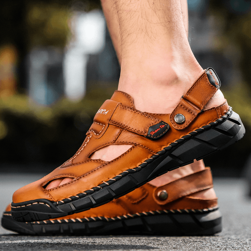 Mens Leather Comfy Non Slip Hand Stricing Soft Sole Casual Sandals - MRSLM