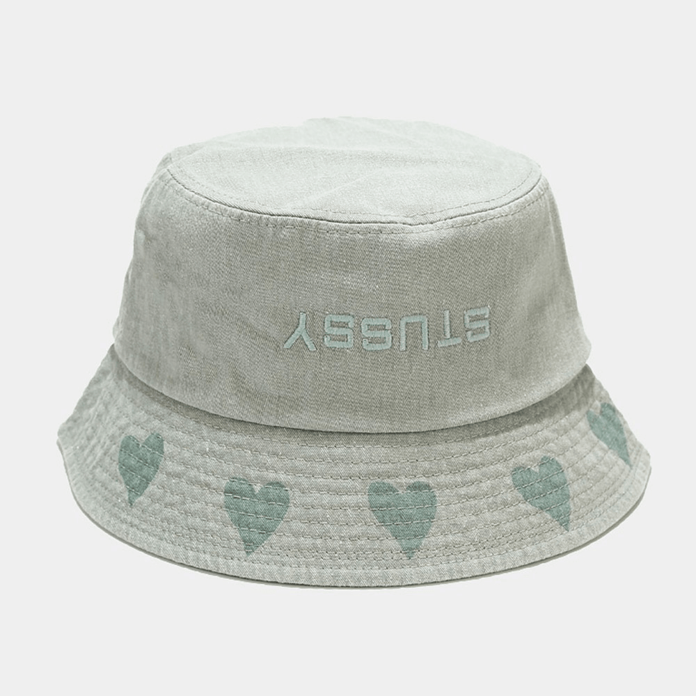 Unisex Love Pattern Bucket Hat Washed Made-Old Letter Embroidery Fashion Sunscreen Hat - MRSLM