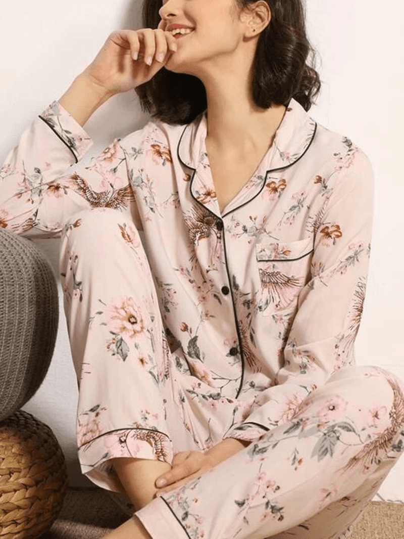 Women Floral Print Camp Collar Chest Pocket Long Sleeve Shirt & Pants Home Pajama Set - MRSLM