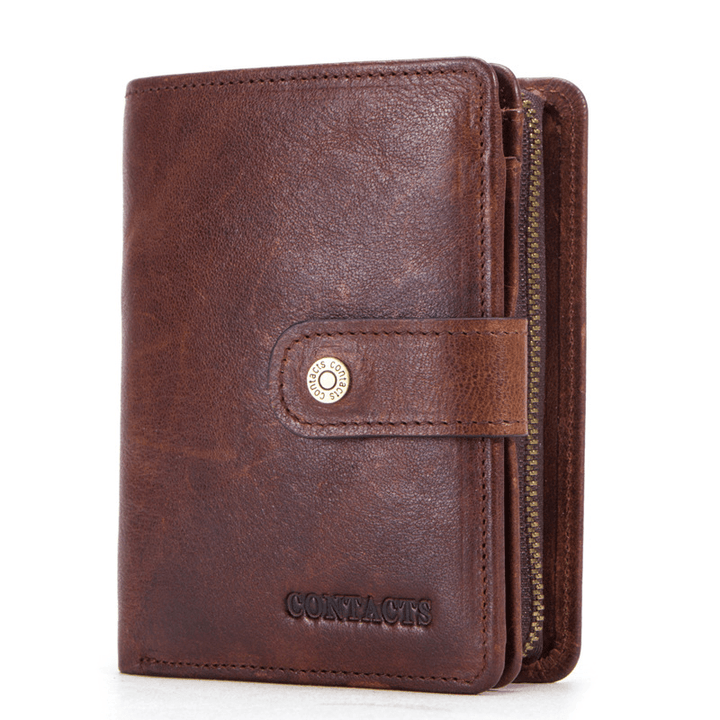 Men Genuine Leather Vintage RFID Blocking Zipper Coin Bag Wallet Card Holder - MRSLM