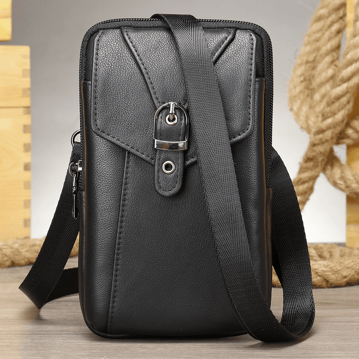 Men Retro Double Layer Cowhide Waist Bag Casual Wear-Resistant 6.5 Inch Phone Bag Belt Bag Crossbody Bag Shoulder Bag - MRSLM
