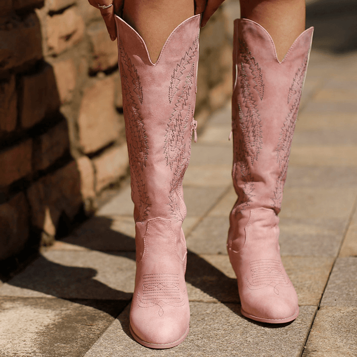 Women Large Size Retro Chunky Heel Mid Calf Cowboy Boots - MRSLM