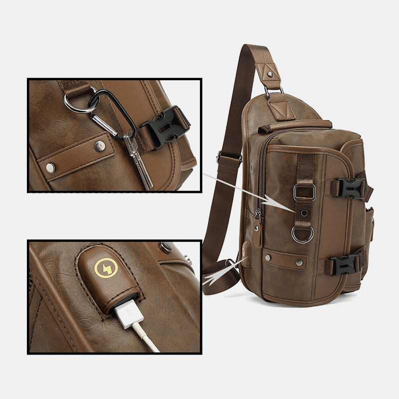 Men PU Leather Vintage Multifunction Earphone Hole USB Charging Crossbody Bag Chest Bag Sling Bag - MRSLM