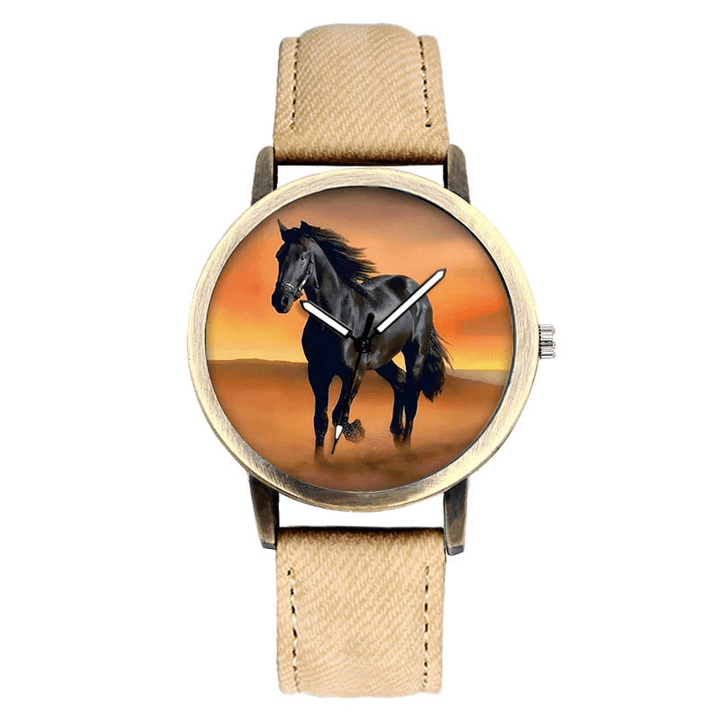 Casual Black Horse Desert Dial All-Match Denim Strap Men Quartz Watch Wristwatch - MRSLM