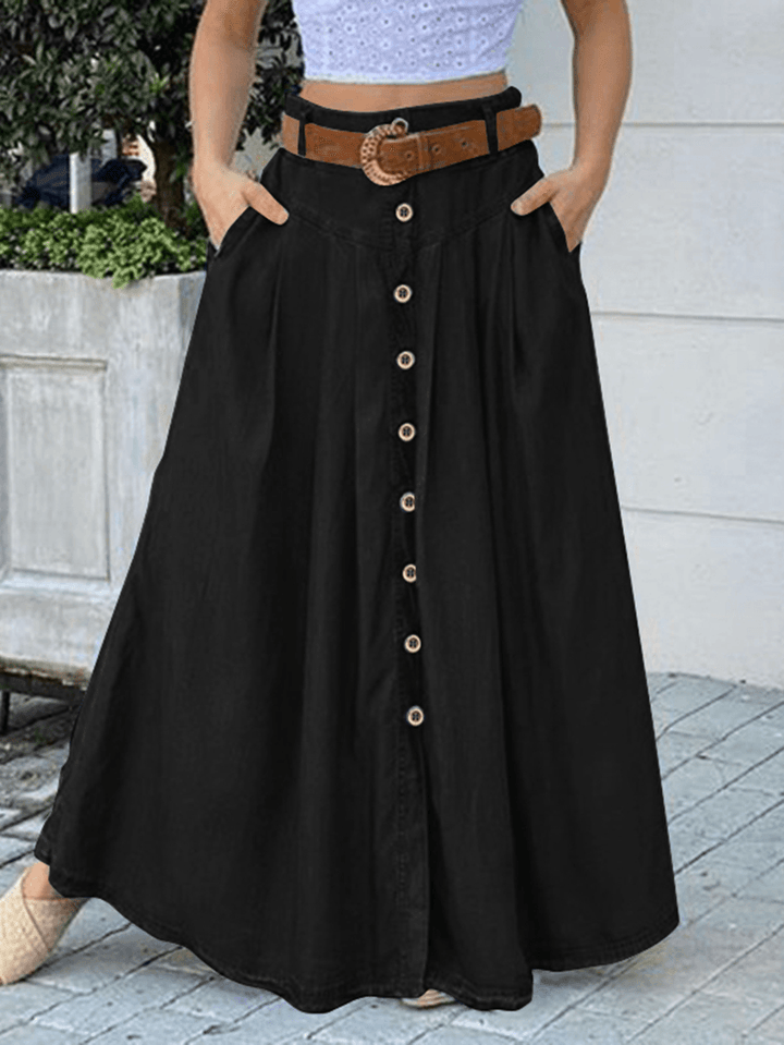 Women's Solid Color Casual Long Skirt with Pocket: Loose Fit and Comfortable Bottom Front - MRSLM