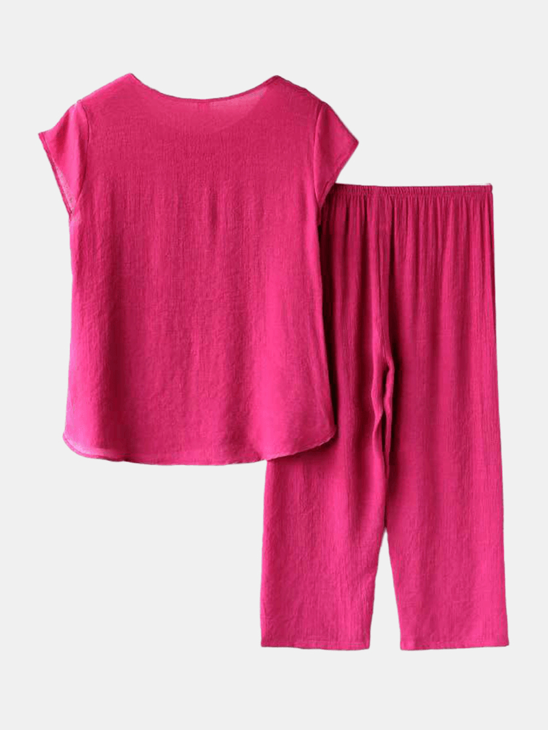 Women Flowers Print plus Size Pajamas Loose Short Sleeve Loungewear - MRSLM