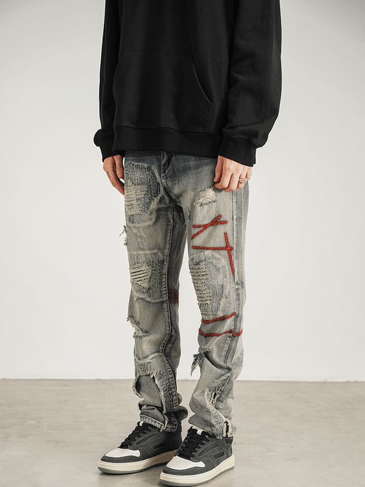 Patched Red Line Straight-Leg Jeans - MRSLM