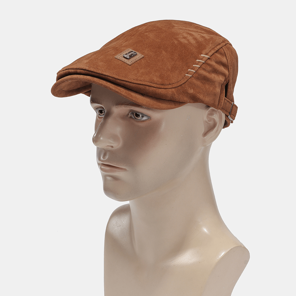 Collrown Men Suede with Handmade Faux Leather Stitch Pattern Casual Fashion Personality Forward Hat Beret Hat - MRSLM