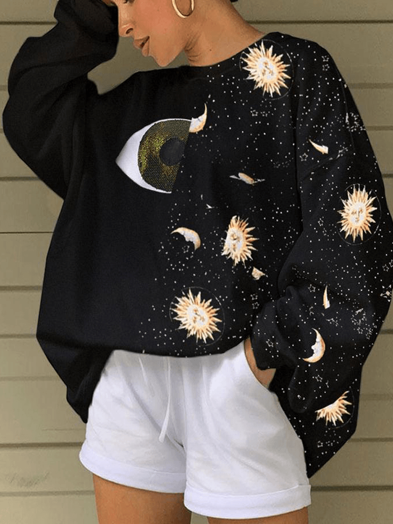 Women Starry Sky & Eye Graphics Patchwork Black Pullover Loose Sweatshirts - MRSLM