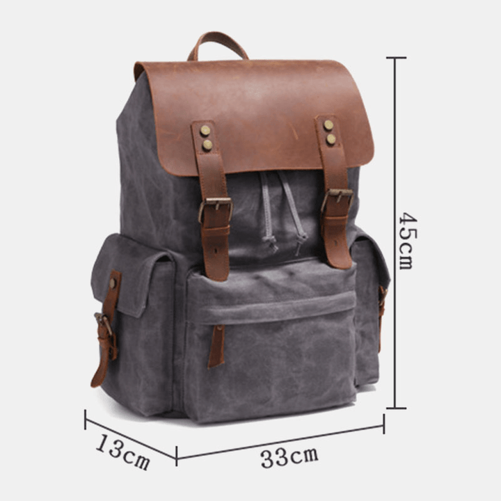 Men Canvas Genuine Leather Cowhide Retro Large Capacity 14 Inch Laptop Bag Waterproof Backpack - MRSLM