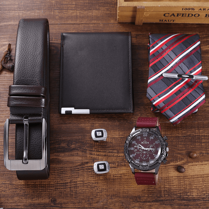 5 Pcs Men Business Watch Set Leather Quartz Watch Belt Wallet Cufflinks Tie Gift Kit - MRSLM