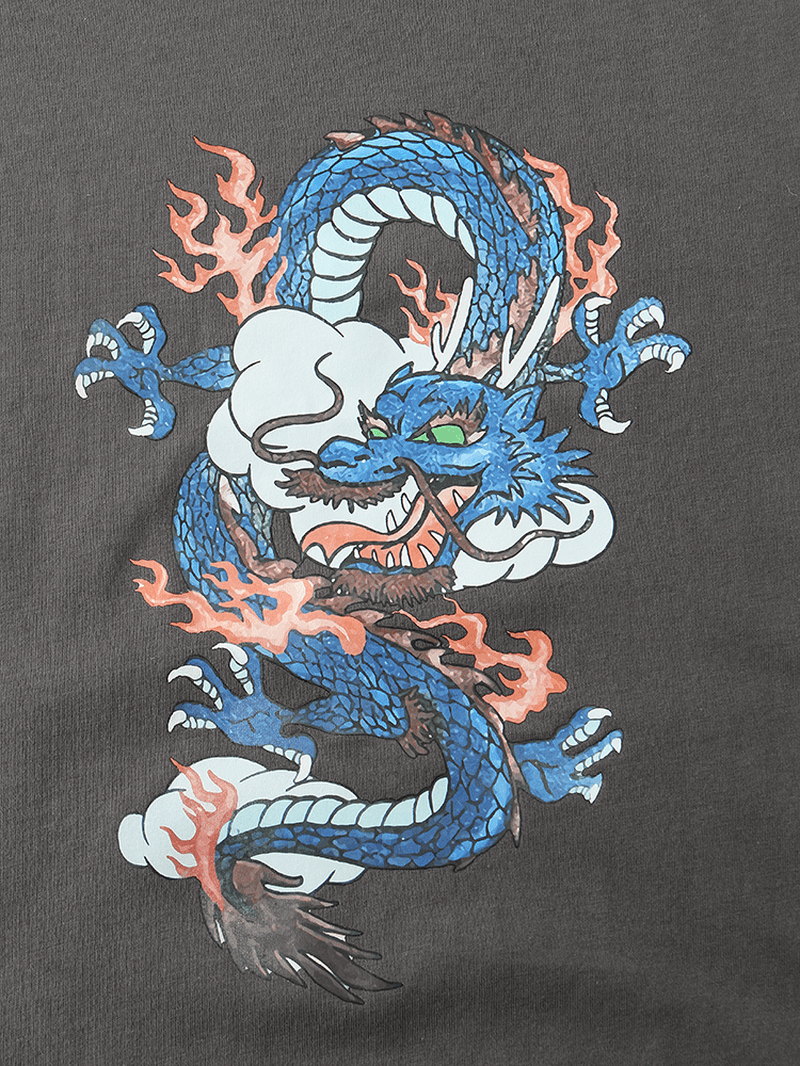 Mens Dragon Print round Neck Orental Short Sleeve T-Shirts - MRSLM