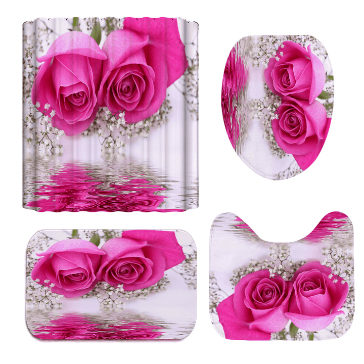 Pink Rose Waterproof Bathroom Shower Curtain Toilet Cover Bath Mat Pedestal Rug - MRSLM