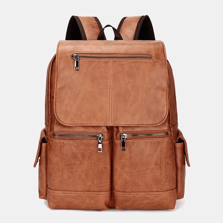 Men Multi-Pocket Lightweight Breathable Decompression Design Backpack Multifunction Waterproof PU Soft Leather Shoulder Bag Student Bag - MRSLM