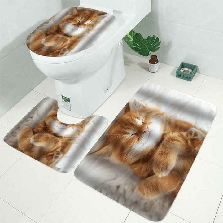 Cat Printing Waterproof Bathroom Shower Curtain Toilet Cover Mat Set - MRSLM