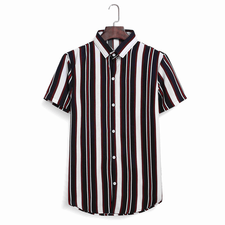 Men'S Casual Beach Street Style Fashion Striped Color Block Short Sleeve Shirt - MRSLM
