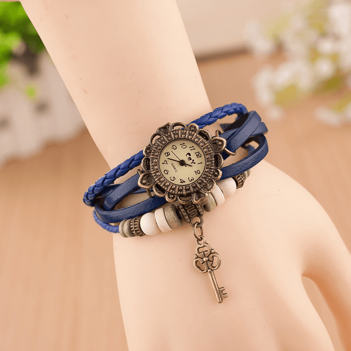 Vintage Multilayer Key Pendant Leather Strap Women Quartz Watch Bracelet Watch - MRSLM